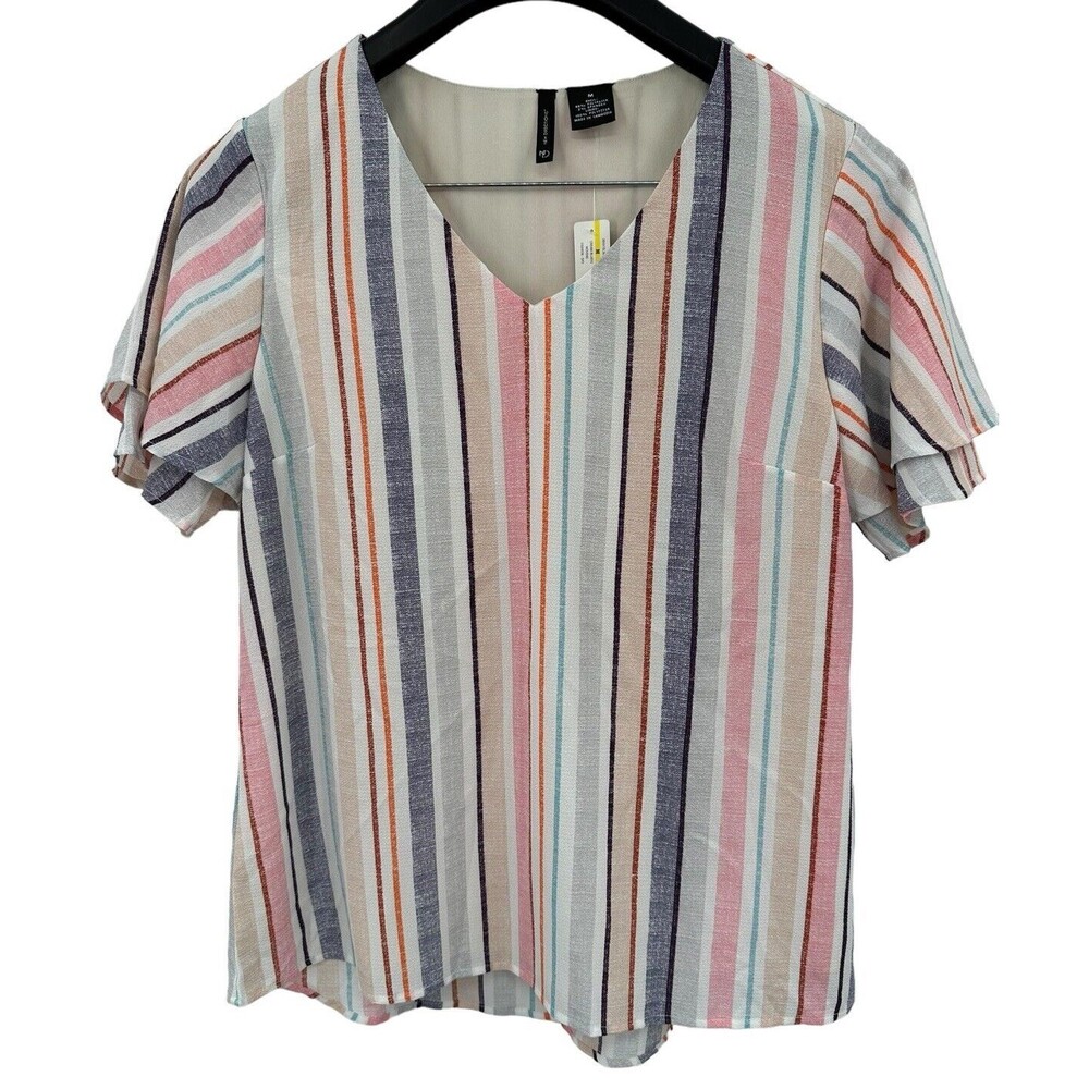 New Directions Medium Top Women's Multi Color Striped V-Neck Flounce Layered NEW